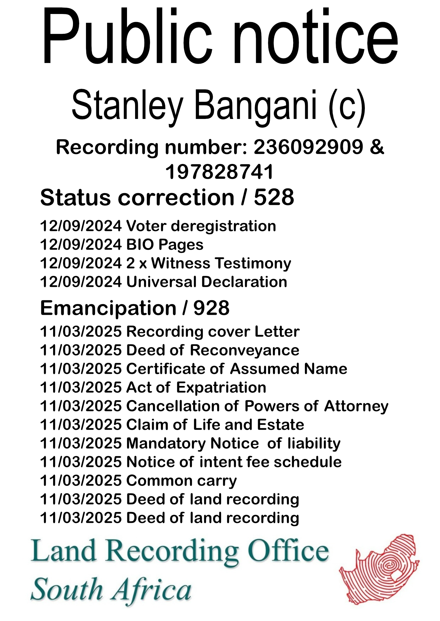 Public notice Stanley Bangani Recording number 236092909 & 197828741